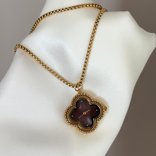 Convertible Jewelry: A Red Clover Dial Watch – Gold Clover Bezel & Removable Gold Alloy Pendant