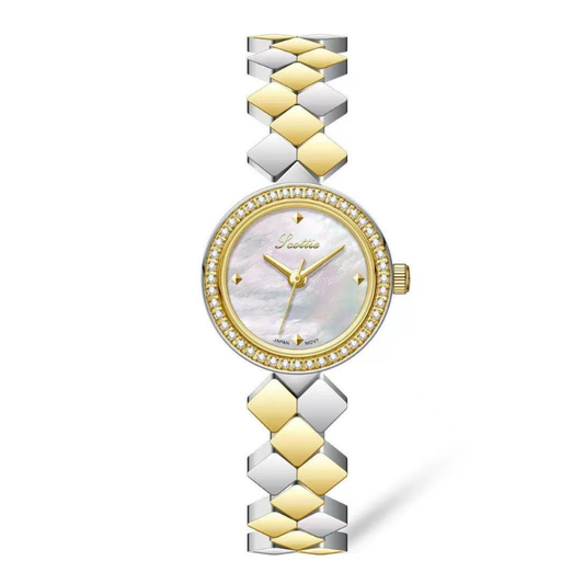 Elegant Daily: White Round Dial Watch with Gold Diamond Bezel & Two‑Tone Quilted Chain Bracelet