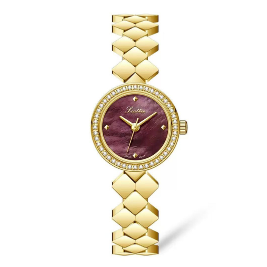 Quilted Texture: Red Round Dial Watch with Gold Diamond Bezel & Gold Quilted Chain Bracelet
