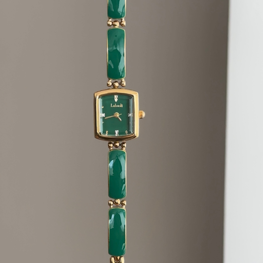 Gemstone Sparkle: Green Square Dial Watch with Gold Square Bezel & Green Gemstone-Set Gold Bracelet