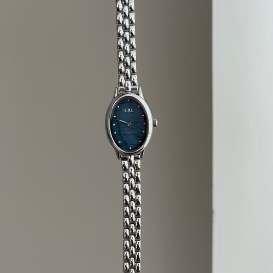 Silver Minimalist: Blue Oval Dial Watch with Silver Oval Bezel & Silver Stainless Steel Bracelet