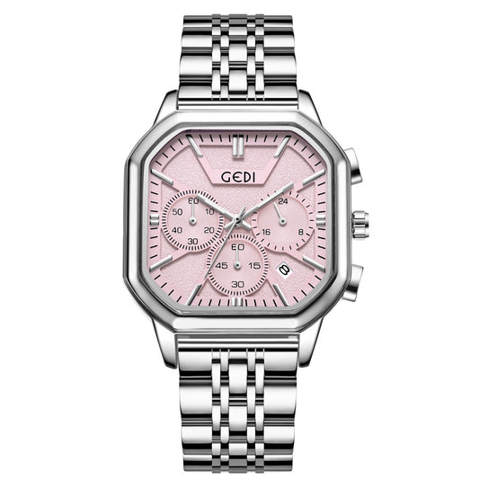 Pink Charm：Pink Square Dial Watch with Silver Square Bezel & Silver Stainless Steel Link Bracelet