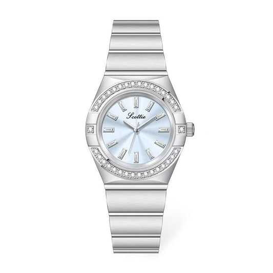 Ocean Blue Radiance:Blue Round Dial Watch with Silver Round Diamond Bezel & Silver Stainless Steel Link Bracelet