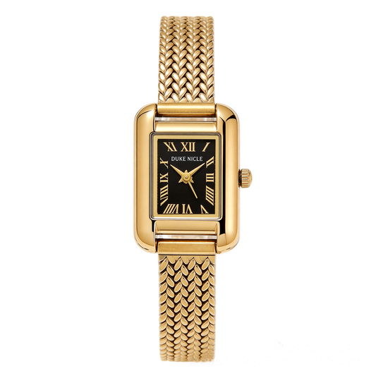 Gold-Black Contrast：Black Rectangular Dial Watch – Gold Rectangular Bezel & Gold Stainless Steel Link Bracelet