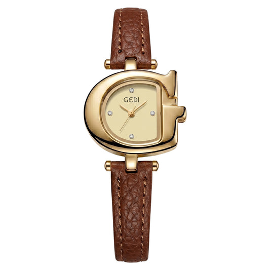 Women's Quartz Watch with Brown Leather Strap, Gold Case & Gold D-Shaped Dial – Elegant Everyday Dress Watch for Women