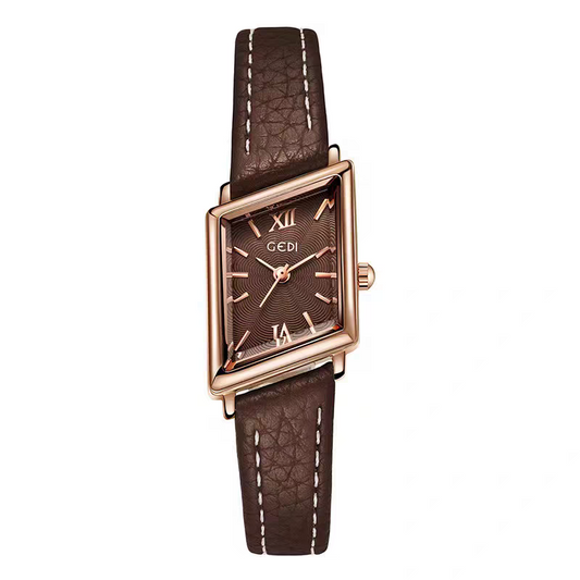 Warm Geometry：Brown Dial Watch with Gold Diamond-Shaped Bezel & Brown Leather Strap Quartz