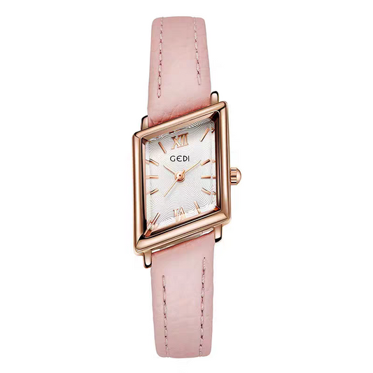 Soft Geometry：White Dial Watch with Gold Diamond-Shaped Bezel & Pink Leather Strap Quartz
