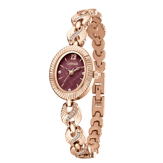 Chain Luxe：Red Oval Dial Watch – Gold Oval Bezel & Gold Stainless Steel Chain Bracelet Quartz