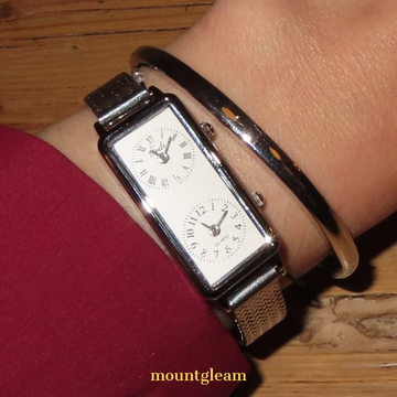 Silver Dual Dial Watch for Women – Elegant Rectangular Dual Time Watch