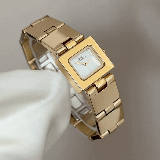Modern Geometric Elegant: White Rectangular Dial Watch with Gold Stainless Steel Small Square Link Bracelet