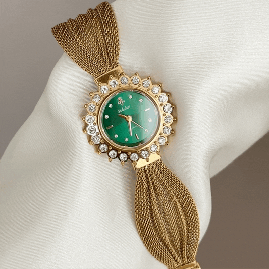 Vintage Green Dial Watch: Gold Sunflower Diamond Bezel & Mesh Bracelet, Quartz