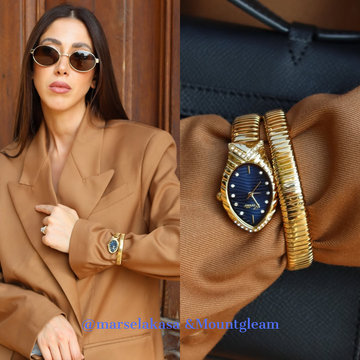 Fashion Stainless Steel Serpenti Women’s Watch – Flexible Bracelet, Gold Case with Blue Dial