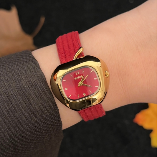 Feminine Charm: Red Apple-Shaped Dial Watch with Gold Apple Bezel & Red Leather Strap