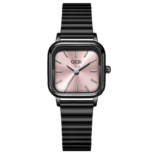 Midnight Rose – Women’s Black Bracelet Watch with Pink Square Face