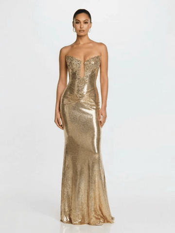 Strapless Metallic Sequin Mermaid Gown Corset Prom Maxi Dress