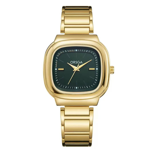 Versatile Green Rectangle Dial Watch: Gold Bezel & Stainless Steel Bracelet, Quartz