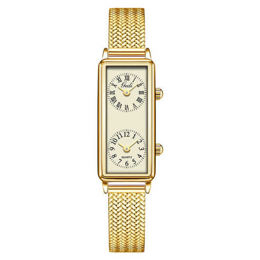 Gold Mesh Strap Quartz Watch for Women – Dual Dial Design with Gold Face