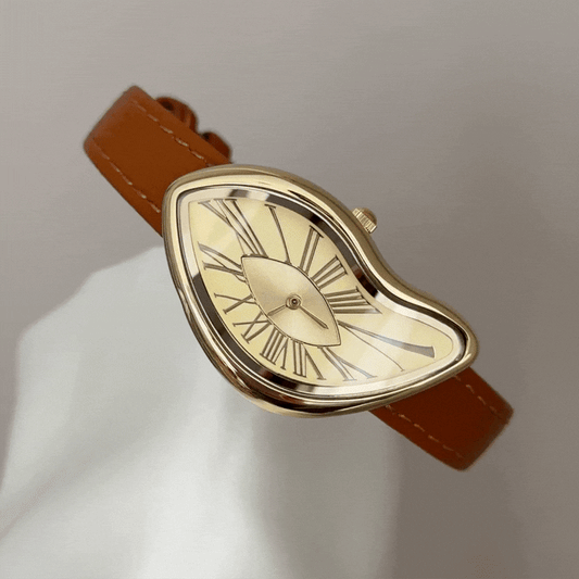 Avant-Garde Artistic: Gold Abstract Dial Watch with Orange Leather Strap