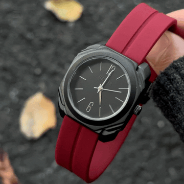 Casual Cool: Black Round Dial Watch with Black Bezel & Red Silicone Strap