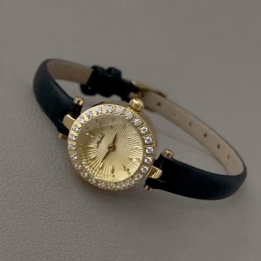 Gold Women’s Watch – Dainty Watch with Round Crystal Bezel & Black Leather Strap | Halo