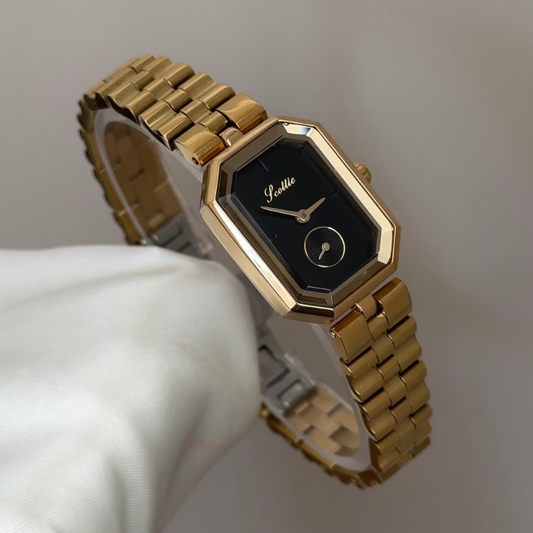 Gilded Geometric: Black Rectangular Dial Watch with Gold Bezel & Stainless Steel Bracelet