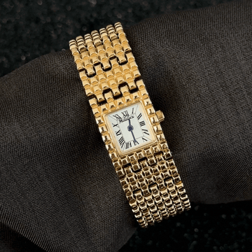 Modern Architectural: White Rectangular Dial Watch with Gold-Tone Bezel & Stainless Steel Bracelet