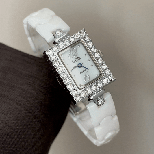 Minimalist Luxe White Rectangular Dial Watch – Silver Diamond Bezel & Ceramic Bracelet Quartz
