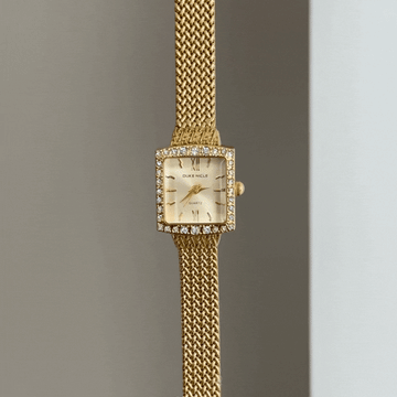 Opulent Texture: Gold Square Diamond Dial Watch with Gold Diamond Bezel & Wheat Pattern Bracelet