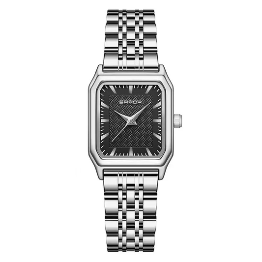 Modern Minimalist: Black Rectangular Dial with Silver Bezel & Stainless Steel Bracelet