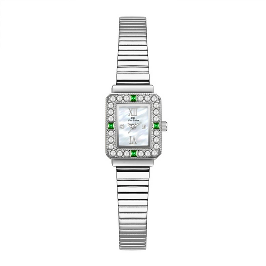 Jade Whisper - Women's Silver Bamboo Watch med Pearl Green Stone Accenters