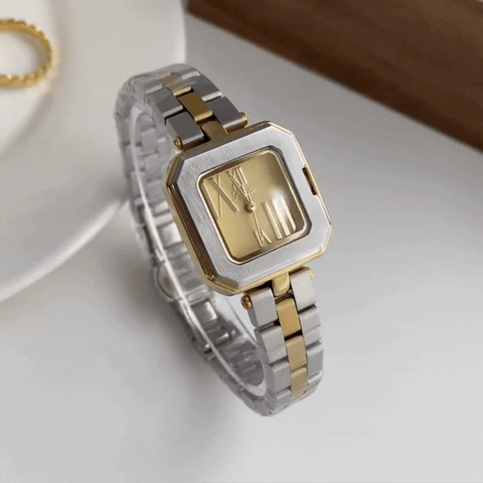 Two-Tone Modern: Gold Rectangular Dial Watch with Silver Stainless Steel Bracelet