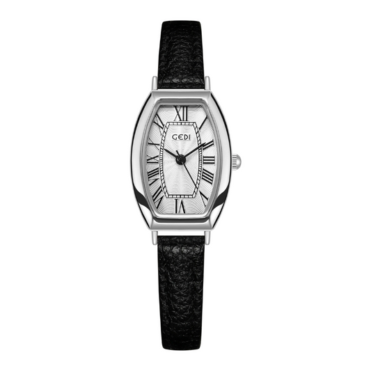 Élan Tonneau - White Dial Watch s černým koženým popruhem
