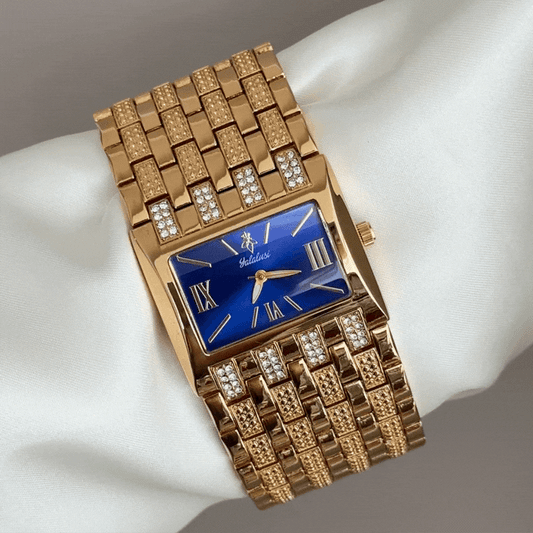 Modern Contrast: Navy Rectangle Dial with Wide Gold-Tone Bracelet