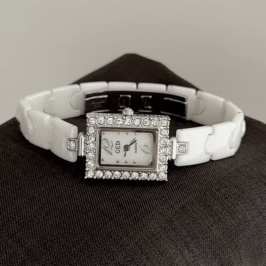 Minimalist Luxe White Rectangular Dial Watch – Silver Diamond Bezel & Ceramic Bracelet Quartz