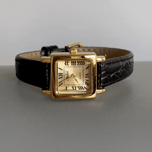 Paris Dusk – Women’s Retro Gold Square Dial Watch with Black Leather