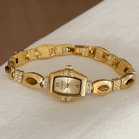Elegant Vintage Gold Tone Watch with Peacock Gemstone Inlay & Alloy Bracelet, Quartz Movement