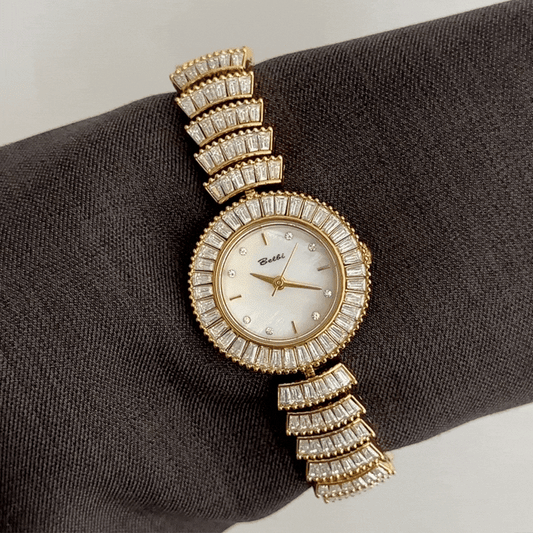 Feminine Glamour: White Round Dial with Fully Diamond-Set Gold Bracelet