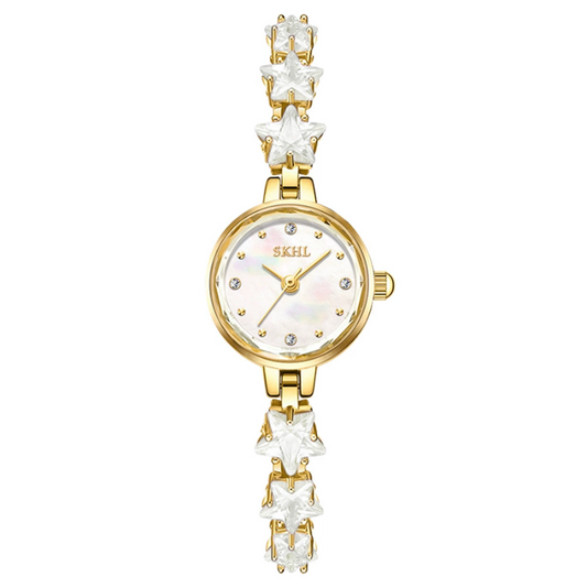 Starlit Grace – Women’s Gold Bracelet Watch with Crystal-Embellished Chain
