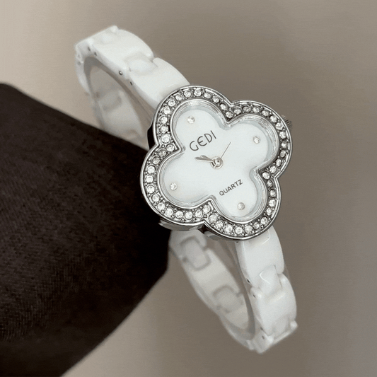 Elegance Pure: White Clover Dial Watch with Silver Diamond Bezel & White Ceramic Bracelet