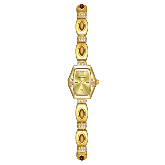 Elegant Vintage Gold Tone Watch with Peacock Gemstone Inlay & Alloy Bracelet, Quartz Movement