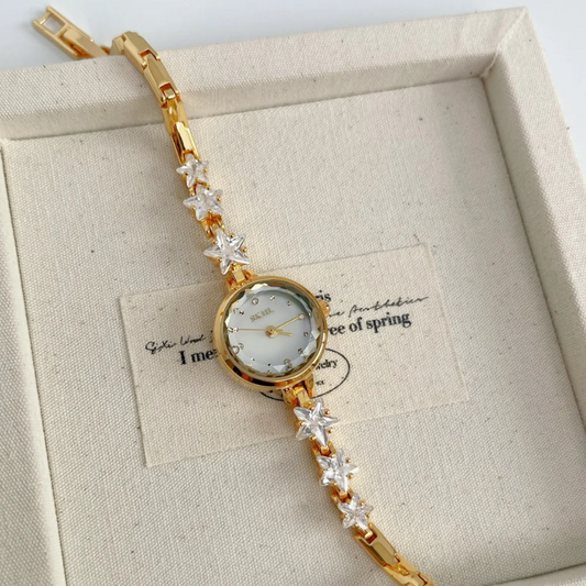 Starlit Grace – Women’s Gold Bracelet Watch with Crystal-Embellished Chain