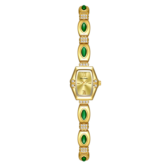 Elegant Gold-Tone Quartz Watch with Peacock Gemstone Accents and Alloy Strap