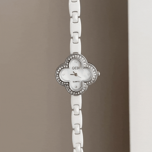 Elegance Pure: White Clover Dial Watch with Silver Diamond Bezel & White Ceramic Bracelet
