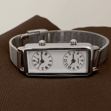 Silver Dual-Time Women's Watch – Rectangular Case with White Dial｜Voyager