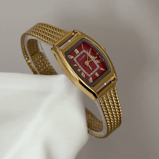 Warm Passionate: Red Tonneau Dial Watch with Gold Wheat Pattern Stainless Steel Bracelet