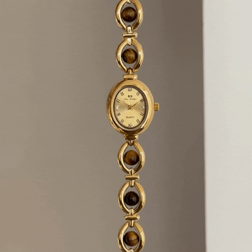 Feminine Elegance Gold Oval Tiger's Eye Bracelet Watch – Quartz Timepiece