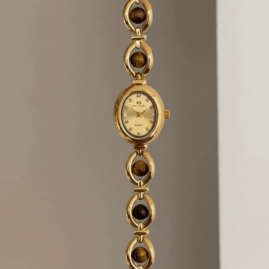 Feminine Elegance Gold Oval Tiger's Eye Bracelet Watch – Quartz Timepiece