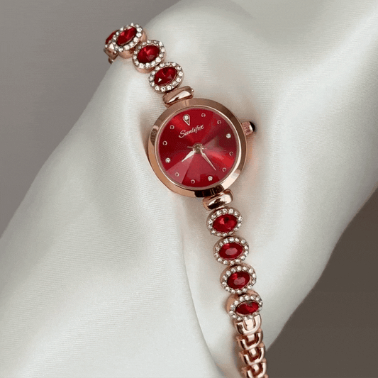 Feminine Glamour: Red Round Dial with Ruby-Inlaid Rose Gold Bracelet