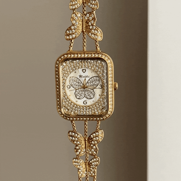 Feminine Delicacy: Gold Rectangle Diamond Dial with Butterfly Stainless Steel Bracelet