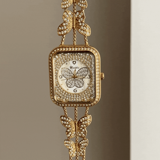Feminine Delicacy: Gold Rectangle Diamond Dial with Butterfly Stainless Steel Bracelet